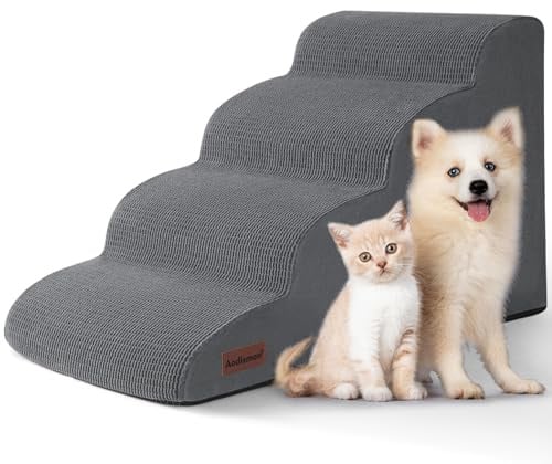 Aodisman Dog Steps for Bed, 4-Step Dog Stairs Ramp for Small Dogs and Cats, Indoor Non-Slip Pet Stairs Suitable for Older, Short-Legged, and Puppy Dogs to Climb onto High Beds and Couch, 17.4 H,Grey