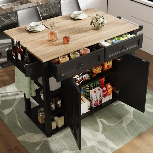 Oslghy Isla De Cocina, Carro de Cocina con Encimera de Madera Veteada Abatible, Mueble Auxiliar de Cocina con Ruedas, Armario de Cocina Almacenaje, Buffet con Cajone y Puerta, 147x40-65x90cm (Negro)