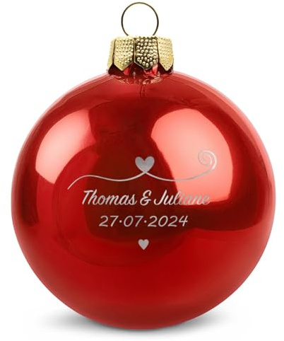 GRAVURZEILE Weihnachtskugel mit Gravur - Paar verliebt - Personalisiert mit Namen & Datum - Geschenk für Paare - Festliche Christbaumkugel als Weihnachtsdeko - Farbe: Rot Glänzend - Größe: 8 cm