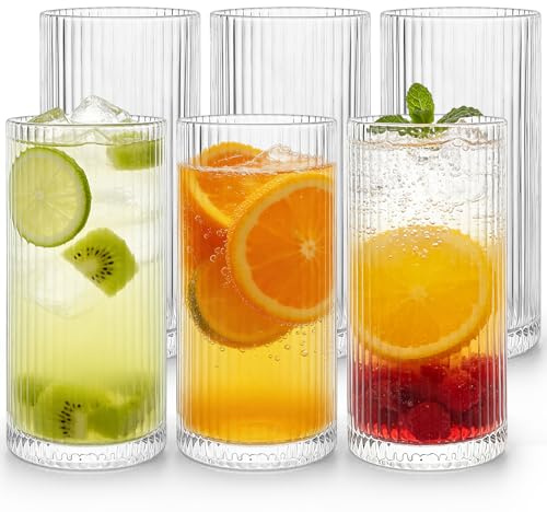 Wieat 350ml Ribbed Highball Glasses, Cocktail Drinking Glassware, Drinking Cups for Water, Coffee, Cocktail, Beer, Juice, Set of 6