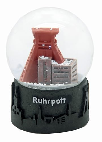 Schneekugel Souvenir Ruhrpott | Zeche auf Skyline Sockel schwarz | Höhe 85 mm, Breite 65mm | Echtglas | Reiseandenken Deutschland | 30045