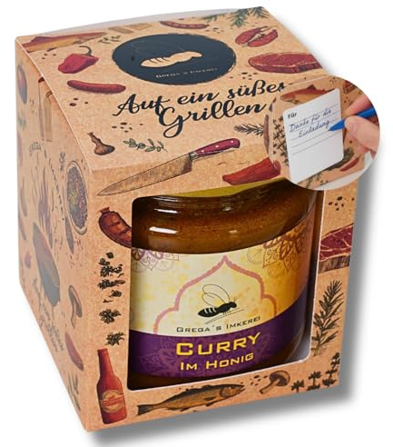 Grill Honigsüße Geschenk Box 1er Set mit Honig von Grega’s Imkerei 1× 250g Honigspezialität in „Grill-Geschenkbox“ mit Grußfeld auf Rückseite BBQ Geschenk-idee (Curry im Honig 250 g)