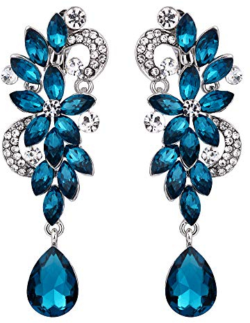 Clearine Pendientes de mujer Bohemia Boho Cristal Flor Boda Nupcial Araña Gota Bling Tornillo largo Atrás Clip-On de clip de oreja colgantes Color turquesa Tono plateado
