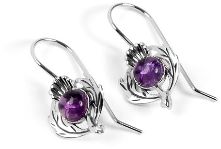 HENRYKA Scottish Thistle Hook Earrings 925 Sterling Silver, Amethyst | Scottish Charm | February Birthstone | Symbolic Flower Gifts