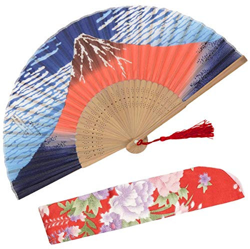 1SourceTek Fuji Mountain Landscape Folding Hand Held Fan 8.27(21cm) with Fabric Sleeve Protection For Gifts and Wall Decoration - Japanese Retro Style