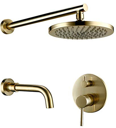 Wanym Robinet de douche de luxe en laiton doré rond ensemble de douche salle de bains robinet brossé pluie Système de Robinet de douche mural fixé, 10inch