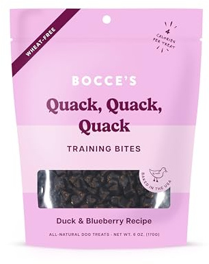 Bocce's Bakery Quack, Quack, Quack Training Treats for Dogs, Wheat-Free Dog Treats, Made with Real Ingredients, Baked in The USA, Natural & Low Calorie Training Bites, Duck & Blueberry, 6 oz
