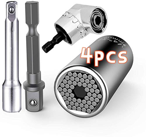 Universal Socket Wrench Set 7-19mm Multi-function Hand Tools Universal Repair Tools Kit,105 Degree Right Angle Extension Power Screwdriver Drill Attachment 1/4 Drive 6mm Hex Magnetic Bit (4 pack)