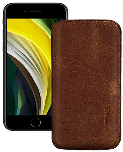 Suncase Original Leder Etui kompatibel mit Apple iPhone SE 2020 Hülle Tasche Ultra Slim Ledertasche Schutzhülle Case (mit Rückzuglasche) in antik Coffee