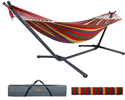 CCLIFE Hamaca con Soporte Hamaca Jardin, Altura Regulable en 2 Posiciones, Carga Máxima 120 kg, para Interior y Exterior, Color:Raya Arco Iris