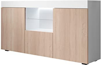 MB Muebles Bonitos, Buffet Sefora pour Salon et Salle à Manger avec Lumière LED, Meuble en Mélamine Mate, Couleur Blanc et Sonoma, 135x73x34 cm