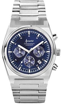 Accurist Origin Mens Analogue Watch 41mm dial Silver Stainless Steel | Chronograph with date display, 100 Metres Water Resistance, sunray dial