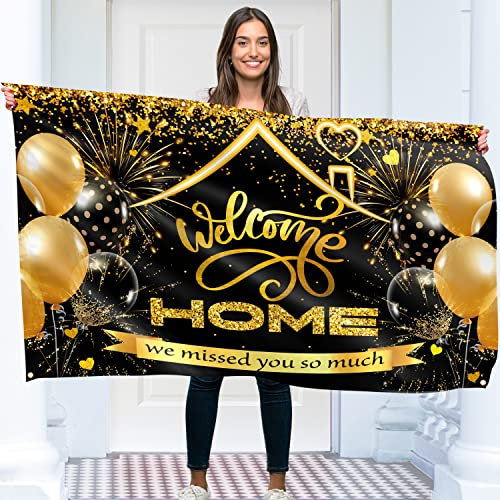 Willkommen Zuhause Banner 150 x 90 cm – Herzlich Willkommen Girlande – Willkommen Zurück Deko – Lebendiger Digitaldruck – 110 Den Polyester – Doppelnaht (Schwarz & Gold)