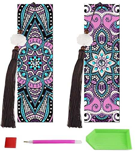 Delsen 2 Stücke Diamant Malerei Lesezeichen,5D DIY Mandala Diamond Painting Lesezeichen,Diamant Stickerei Malerei Quaste Leder Lesezeichen Set für Studentengeschenke