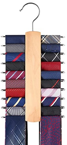 Mkono Wooden Tie Rack Retro Belt Storage Hanger Organizer for Men Closet Space Saving Rack with 20 Non-Slip Hooks for Ties Belt Scarf Organizer 360 Rotate Hanger Tie Display Holder (1, Wood Color)