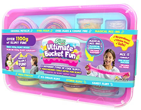 SLIMY Ultimate Bucket Fun - Original Slimy Slime Set mit 8 verschiedenen Spielmassen und zauberhaften Mix-Ins, maximaler Spielspaß für Kinder mit Schleim und elastischer Spielknete im Geschenk-Set