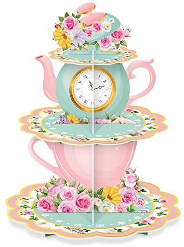 Zopeal 3 Tier Floral Tea Party Cupcake Stand Decorations Spring Vintage Teapot Cupcake Holder Talking Party Dessert Tower for Flower Theme Baby Shower Princess Birthday Wedding Supplies