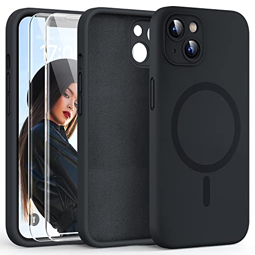 HATOSHI 3 in 1 iPhone 13 Hülle Magnetisch mit 2 Stück Schutzglas, Flüssig Silikon Anti-Rutsch Kratzfestes Stoßfest Handyhülle iPhone 13 mit Magsafe Schutzhüll, Schwarz