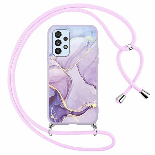 ZhuoFan Handykette für Samsung Galaxy A53 5G Hülle mit Band, Aesthetic Marmor Muster Verstellbarer Halskette Handyhülle mit Kordel zum umhängen, Violett Silikon Stoßfest Schutzhülle mit Kette, Marble