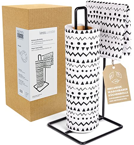 Porte-rouleau d'essuie-tout - Lavable - Réutilisable - En bambou - Avec support - Noir et blanc