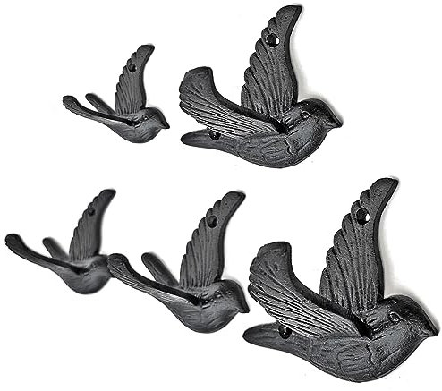 Ambipolar 5er-Pack Kleiderhaken im Vogelfliegen-Stil, Vintage-schwarze Haken für Mäntel, Hüte und mehr, stabile Gusseisenkonstruktion, rustikales Bauernhaus-Thema, einfache Installation, vielseitig
