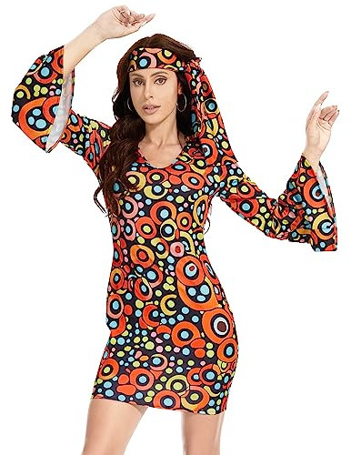 JNAOZI 70er Jahre Kostüm Dicso Kleid für Frauen - Hippie-Kleid mit Kopftuch - Disco Outfit Frauen für Halloween (XL)…