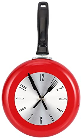 OQHAIR Wall Clock Metal Frying Pan Design 8 Inch Clocks Kitchen Decoration Art Watch (Color : Red, Size : One Size) (Red One Size)