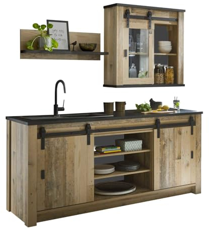 Küchenzeile Used Wood hell und anthrazit/grau Set 3-teilig Küchenmöbel Landhaus mit Hängeschrank, Unterschrank für Kochfeld oder Spüle, Regal, mit Scheunentorbeschlag Stove (Set1 3-teilig ohne LED)