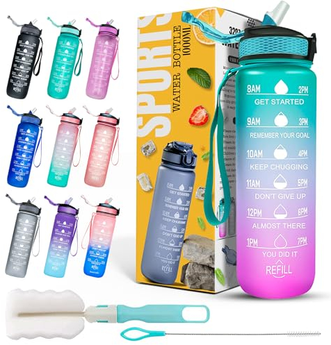 K-MART Sports Water Bottle with Straw and Time Marking, and 32OZ Capacity - Motivational and Eco-Friendly BPA-Free Bottle for Running, Gym, Yoga, Outdoors, and Camping (Style-1, Green-Pink)