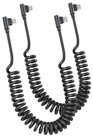 Paquete de 2 Cable Lighttning Coche en Espiral de 90 Grados, Certificado Carplay y MFi, Cargador Retráctil para iPhone con Transmisión de Datos, Cable de carga de iPhone corto para i Phone/Pad/Pod