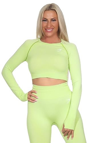 GYMSHARK Vital Women's Seamless 2.0 Long Sleeve Crop Top, Neon yellow mottled, M