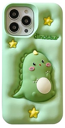 QoKcoahn Case for iPhone 14,3D Kawaii Phone Cases Funny Cute Cartoon Green Dinosaur Decompression Soft Silicone Gel Drop Protection Case Women Girls for iPhone 14