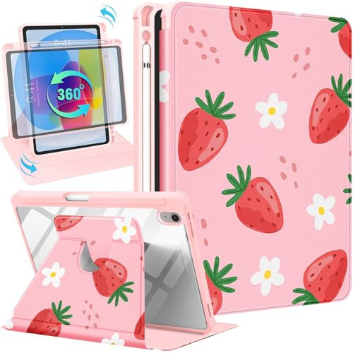 Uppuppy Étui pour iPad 10e génération 10,9 Pouces, pour iPad 11(^>e<^) (A16) 2025 pour Enfants et Femmes, Jolie Fraise Mignonne, Jolie Fleur Kawaii, Support Rotatif pour Apple 10/11