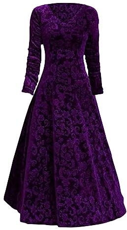 Wedding Guest Dresses for Women Midi Formal V Neck Prom Gown for Women Elegant Ball Gown 3/4 Sleeve Maxi Dress Empire Waist Bridesmaid Wedding Charming Dress Women Velvet Wedding (Purple, XXXL)