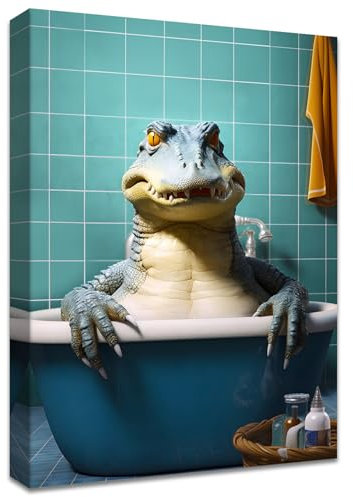 Grün Blau Leinwand Bilder Mit Rahmen Krokodil in der Badewanne Wandbilder Wandkunst Leinwand Malerei Bauernhaus Landhaus Bild Schlafzimmer Badezimmer Wanddekoration Fertig zum Aufhängen 40x60cm