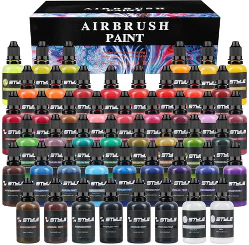 rhinowisdom Airbrush Paint - 48 Colors Airbrush Paint Set 1fl oz, Opaque & Brilliant Colors, Leather & Shoe Acrylic Air brush Paint Kit Ready to Spray Water Based for Artists Beginners Hobbyist