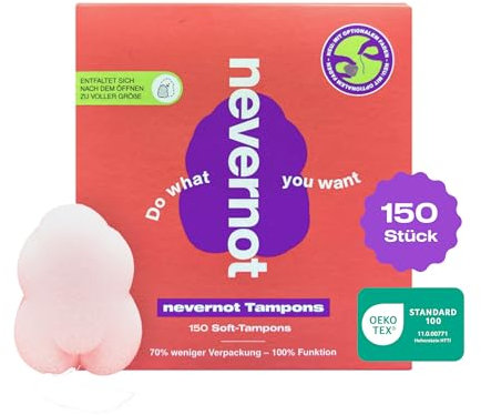 nevernot Softtampons, 150 Stück: Menstruationsschwamm mit optionalem Faden, 100% schadstofffrei, Super weicher Tampon, Einfach zu entfernen, Ideal für Sport, Sauna & Schmerzpatientinnen