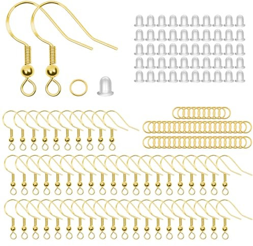 Fyfjur 300 Pieces Earring Hooks, Hypoallergenic Earring Hooks with Transparent Rubber Stopper and Coil (Gold)