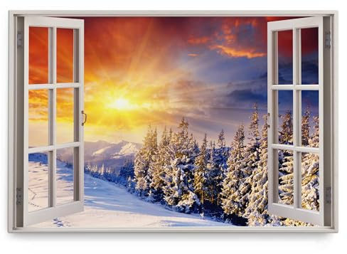 Paul Sinus Wandbild 120x80cm Fensterbild Berglandschaft Winter Schnee Sonnenuntergang Tannen