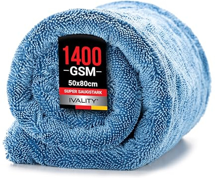 Ivality Panno Microfibra Auto XXL 80x50 cm – 1400 GSM Panno in Microfibra Ultra Assorbente per Auto e Moto, Vetri, Senza Pelucchi e Delicato sulla Vernice, Panni Asciugatura Twisted