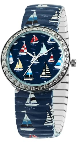 Donna Kelly Maritim Damen Armband Uhr Blau Bunt Segel Boote Schiffe Motiv Strass Edelstahl Zugband 91700071006