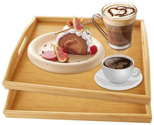 SHUESS 2 Pack Wooden Tray - 40 x 30 x 5cm Rectangular Bamboo Tray with Handles - Trays for Food Serving - Large Serving Tray with Handles for Breakfast, Tea, Coffee, Eating