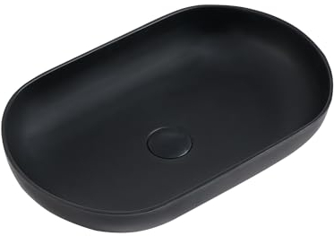 Aufsatzwaschbecken Oval in Schwarz Matt, 54x34 cm, Aus Langlebigem Mineralguss, Waschbecken ohne Hahnloch und Überlauf, Modernes Design, inklusive Ablaufventil in Mineralguss Schwarz Matt