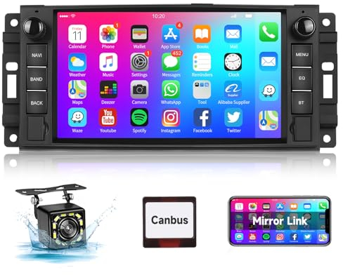 Podofo Autoradio 2 Din Bluetooth für Chevrolet/Chrysler/Jeep/Dodge mit 7'' Touchscreen Mirror Link,Airplay Android Cast,1G +32G,Car Stereo mit FM/RDS WiFi/GPS Navi+12LED Rückfahrkamera