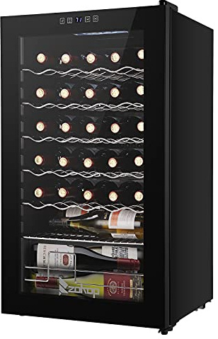 Winado - Wine Refrigerator with 34 Bottles, Freestanding Compressor with Digital Temperature Control, Mini Wine Fridge with Double Layer Glass Door and Removable Shelves