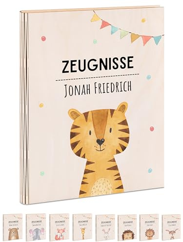wunderwunsch® - Personalisierte Zeugnismappe aus Holz mit hochwertigem Spezial-Druck - Einschulung Geschenk - Zeugnismappe Jungen & Zeugnismappe Mädchen (Tiger Girlande)