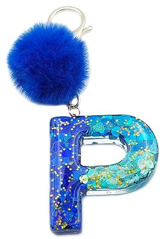 Xsclpomddy Porte-clés mignon pour fille avec lettres de l'alphabet et pompons en résine bleue pour sac à breloques, p, taille unique