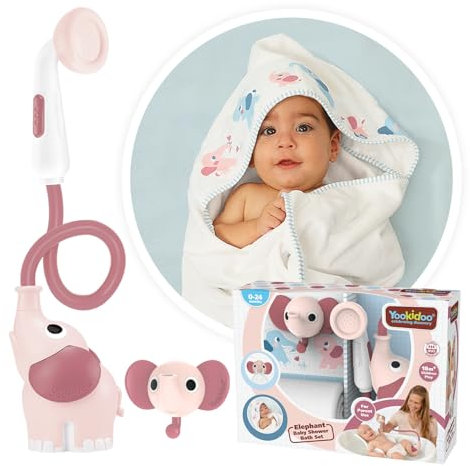 Yookidoo Baby Bath Elephant Shower Head Gift Set - Includes Hooded Towel & Hanger - Control Water from 2 Elephant Trunk Knobs in Tub or Sink Newborns, Toddlers, Boys, Girls (Blush Pink)