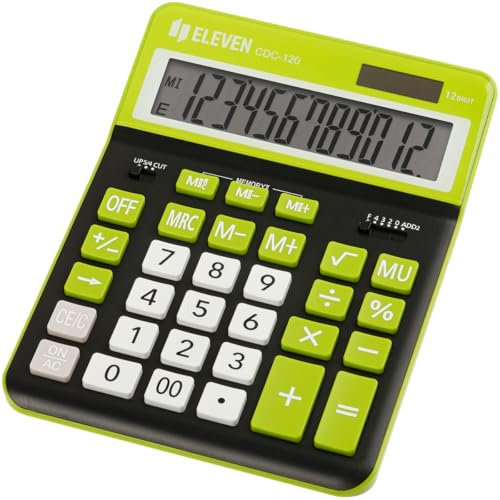 Eleven Bürorechner Kalkulator – 12-stelliger Display, 4-Fach Speicher, Prozentrechnung, Solarbetrieb, Robustes Design – Ideal für Finanzen & Mathematik (schwarz-grün)