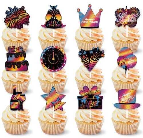DazzJoy 12 Stk Tortendeko Silvester Deko 2025,Happy New Year Cupcake Toppers,Happy New Year Cake Topper,2025 Silvester Kuchen Deko,Frohes Neues Jahr Deko,Neujahr Deko 2025 für Silvesterpartydeko